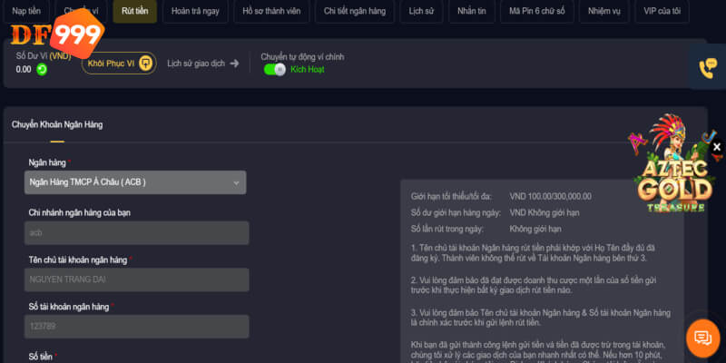 Rút tiền DF999 với hình thức chuyển khoản qua ngân hàng 
